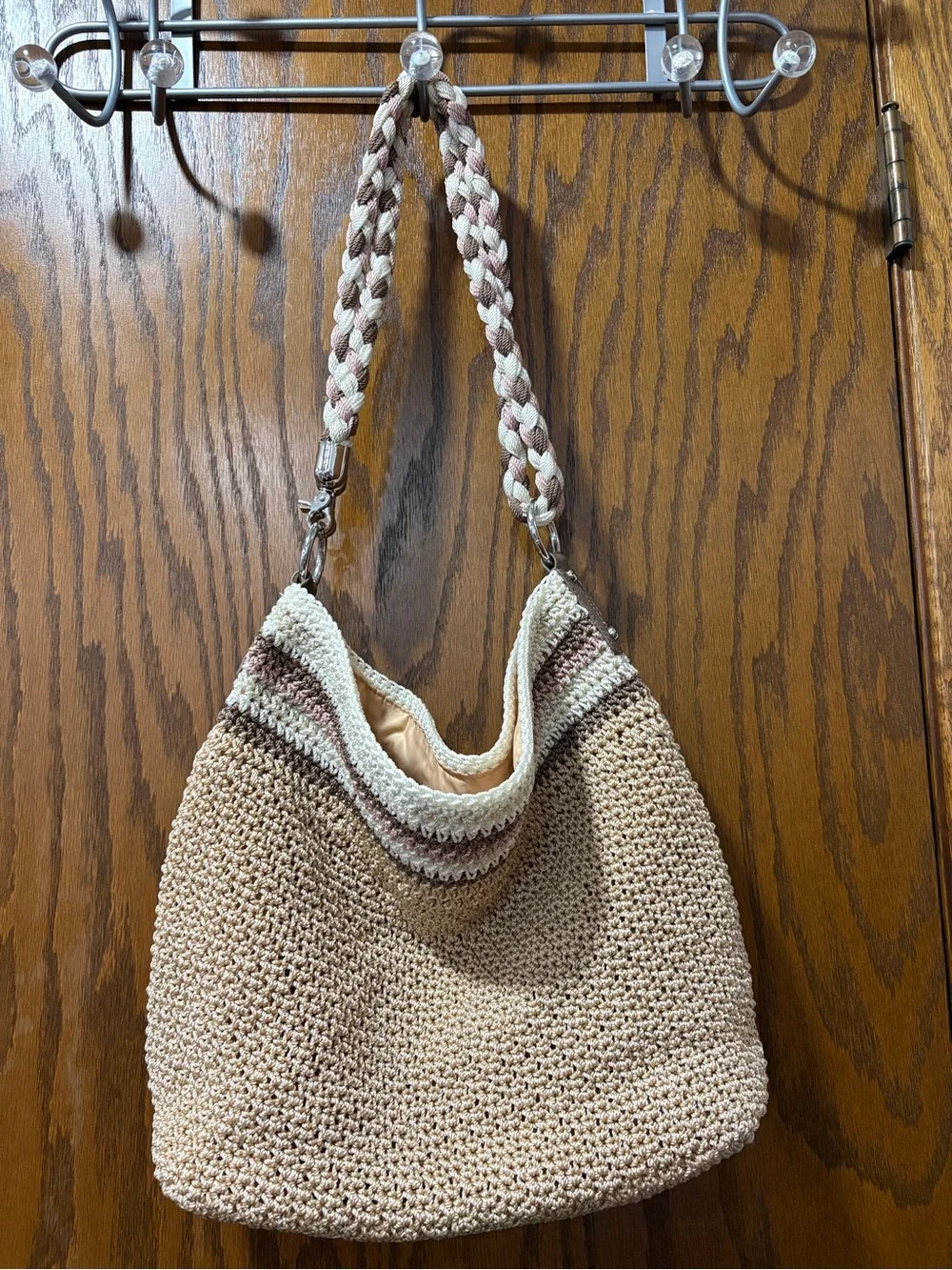 The Sak Cream Tan Pink Crochet Shoulder Bag Hobo Braided Crossbody Adjustable
